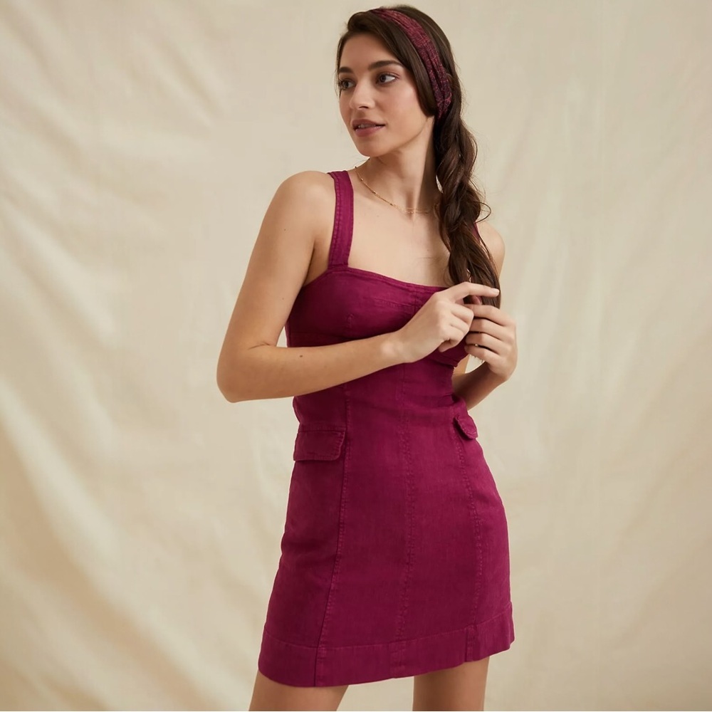 By Anthropologie Linen Blend Square Neck Mini Dress Pocket Detail Berry Pink 8